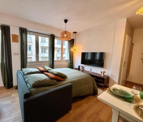 une chambre avec un lit, un canapé et une télévision dans l'établissement Nature & Breeze - Heart of Strasbourg, à Strasbourg