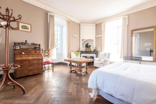 a bedroom with a bed and a desk and a table at Château de Salornay in Hurigny