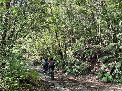 two people riding bikes on a trail in the woods at Yambaru Experience Hotel Nunganiku in Higashi