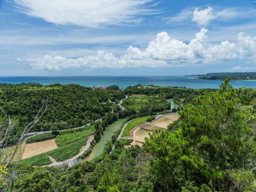 an aerial view of a river with trees and the ocean at Yambaru Experience Hotel Nunganiku in Higashi
