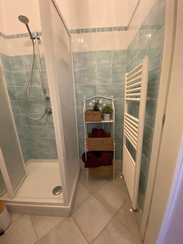 a bathroom with a shower and a tiled floor at Florentia Viola Apartament I in Florence