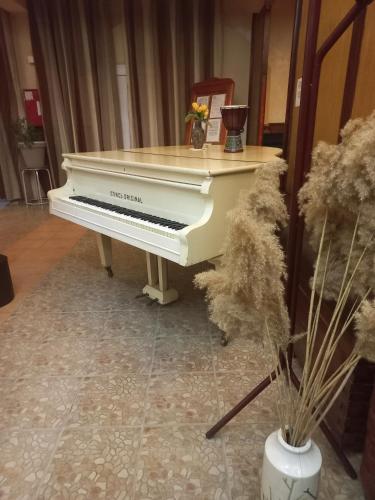 a white piano in a room with a vase of flowers at Hotel Duga in Novi Sad