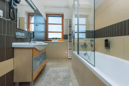 a bathroom with a sink and a shower at Horský Apartmán Říčky in Říčky