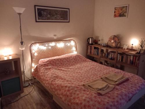 a bedroom with a bed with lights on it at Casa da Marianne in Sintra