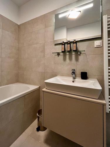 a bathroom with a sink and a bath tub at Apartmán Diana in Trnava