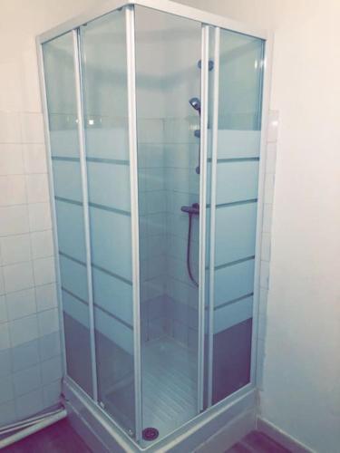 une douche avec une porte vitrée dans une salle de bain dans l'établissement Appartement T2 avenue Maréchal juin, à Ajaccio