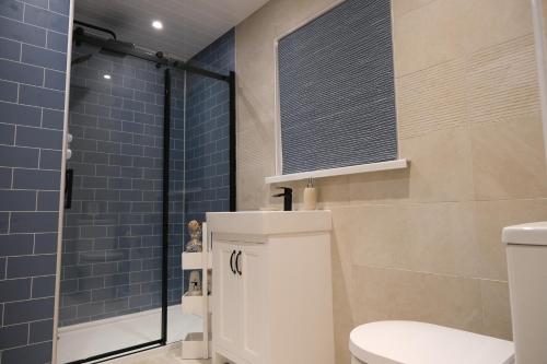 a bathroom with a toilet and a shower with blue tiles at Westcroft 6 Withnoe Terrace in Torpoint