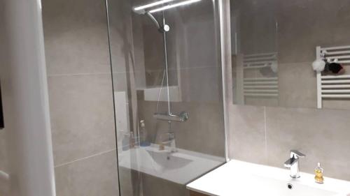 d'une douche avec une porte en verre à côté d'un lavabo et de toilettes. dans l'établissement Appartement Arcachon, à Arcachon