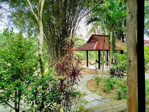 a garden with a gazebo and some trees at Green Hope Lodge in Cat Tien