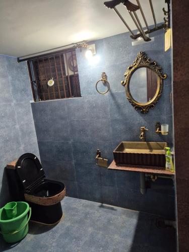 a bathroom with a sink and a toilet and a mirror at Stanrose Farm Stay in Kundapur