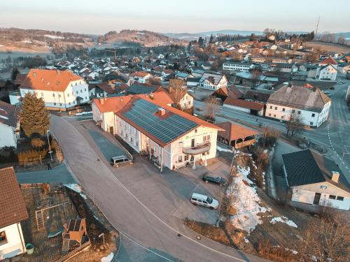 an aerial view of a small town with buildings at Breitenberger Hof "inklusive Frühstück" in Breitenberg
