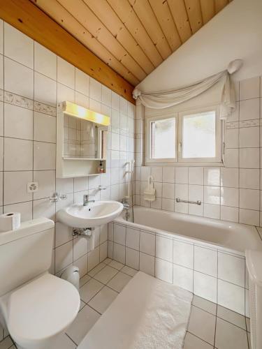 a bathroom with a sink and a toilet and a tub at Family Penthouse with view of the Swiss Alps in Mollens