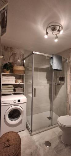 a bathroom with a washing machine and a washer at Casa Alegria - Laguna Beach in Torrox Costa