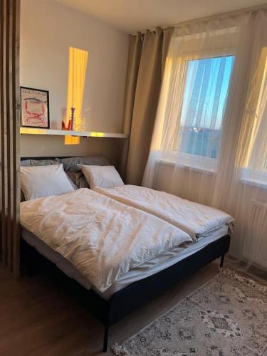 a bed in a bedroom with two windows at Small cozy apartment, coffee and parking free in Trnávka