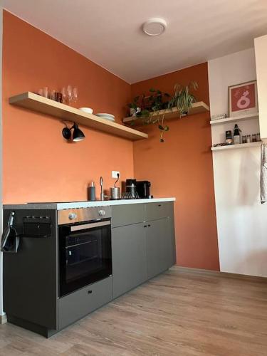 a kitchen with a stove and an orange wall at Small cozy apartment, coffee and parking free in Trnávka