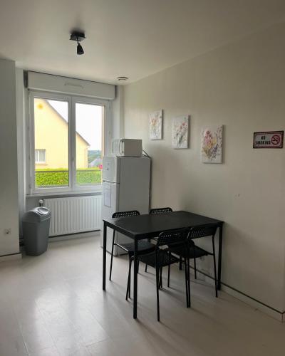 une cuisine avec une table, des chaises et un réfrigérateur dans l'établissement Très joli T1 à Lambezellec avec parking gratuit, à Brest
