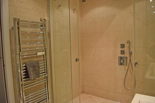 une salle de bain avec une douche avec une porte vitrée dans l'établissement Canada, à Cannes