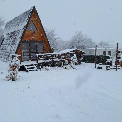 a building with a snow covered yard in front of it at Cabana A-frame Moon Predelut in Predeluţ