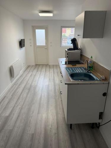 une chambre vide avec une cuisine équipée d'un évier dans l'établissement En bord de loire, à Roanne