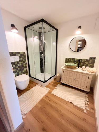 a bathroom with a toilet and a glass shower at Künstlerstubn in Hartneidstein