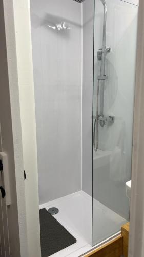 a shower with a glass door in a bathroom at Woolaway in Taunton
