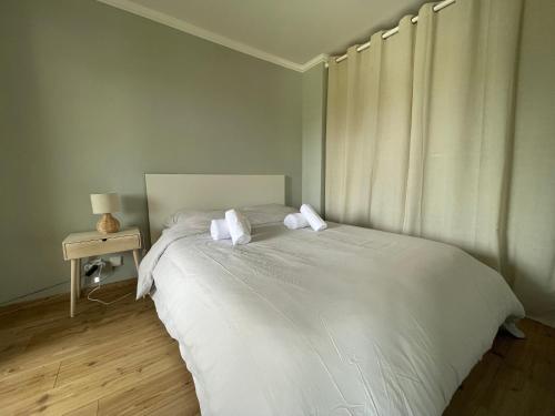 - un lit blanc avec 2 oreillers dans la chambre dans l'établissement La Mésange, vue montagnes à deux pas du lac, à Thonon-les-Bains