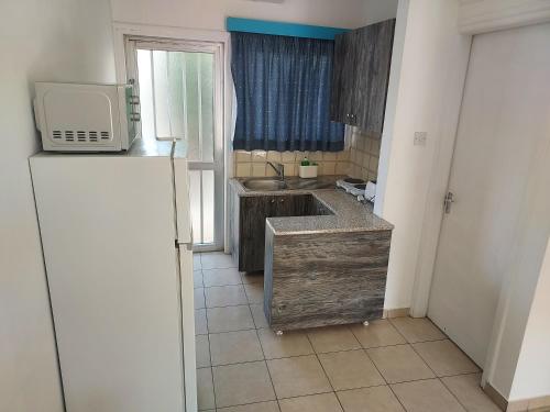 a small kitchen with a sink and a microwave at Magic Sea Apartments in Larnaka