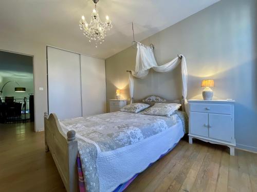 a bedroom with a bed and a chandelier at Côté Cité appartements - Parking privé - 100m Cité médiévale in Carcassonne