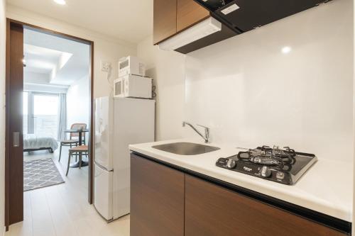 a kitchen with a sink and a refrigerator at Dash Living Ueno Park in Tokyo