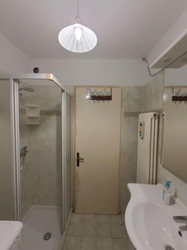 a bathroom with a shower and a sink and a mirror at La Rotonda in Lastebasse