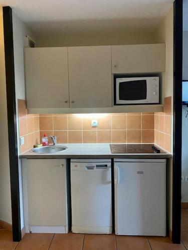 une cuisine avec un évier et un micro-ondes dans l'établissement Appartement sur le golf, à Arcangues