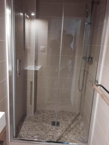 une douche avec une porte vitrée dans une salle de bain dans l'établissement Villa l'Aurore - Maison de vacances tout confort face à la plage des 5 Pineaux, à Saint-Hilaire-de-Riez
