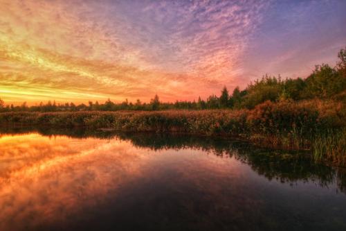 a sunset over a body of water with trees at Centrum One in Suwałki