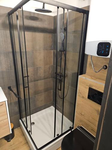 a shower with a glass door in a room at Apartma Rogla Gaber 63 in Zreče