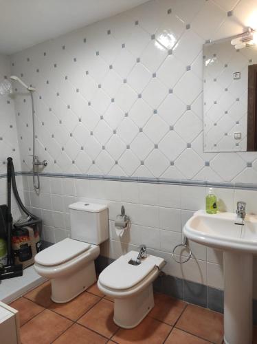 a bathroom with a toilet and a sink at El Balcón de la Sierra in Mora de Rubielos