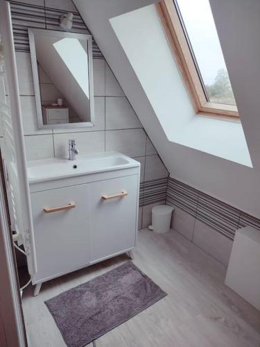 une salle de bain avec un lavabo et un miroir dans l'établissement Gite charme en pierre à la campagne, à Chouzé-sur-Loire