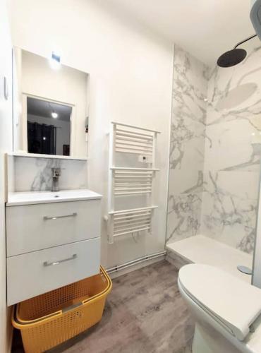 une salle de bain avec un lavabo, des toilettes et une douche dans l'établissement Agréable studio - Wi-Fi - cuisine complète, à Dijon