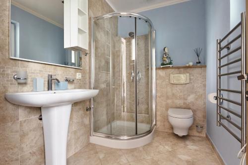 a bathroom with a shower and a sink and a toilet at GREEN HILL 2 Apartmani with POOL in Gornji Orahovac