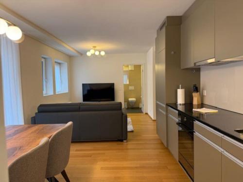 苏黎世Modern 1BR with in trendy area - West 10的配有沙发和桌子的厨房和客厅