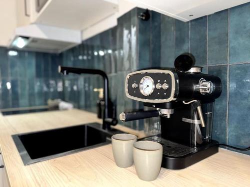 une cafetière sur un comptoir dans une cuisine dans l'établissement My home perrache, à Lyon