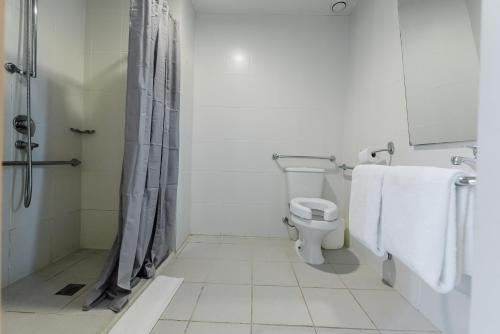 a bathroom with a toilet and a shower and towels at ibis budget Vitoria in Vitória