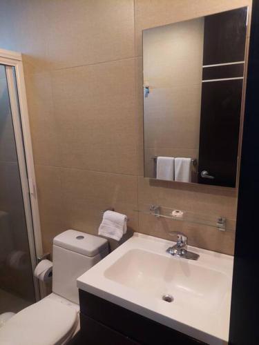 a bathroom with a sink and a toilet and a mirror at Departamento en Cholula Pue La Concordia C4 in Acatepec