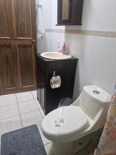 a bathroom with a toilet and a sink at La Estancia Ideal Apartamentos in Fortuna