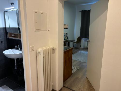 a bathroom with a white radiator and a sink at 2 Zimmer Wohnung an der Isar in Munich