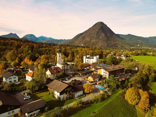 an aerial view of a town with a mountain in the background at Schlossberghof Marzoll in Bad Reichenhall
