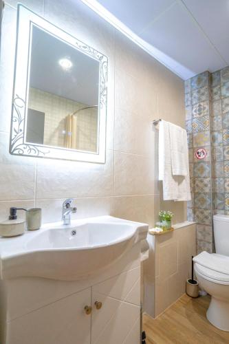 a bathroom with a sink and a toilet and a mirror at SP Urban Apartment in Plovdiv