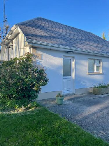 a white house with a door and a yard at Woodland Cottage in Galway