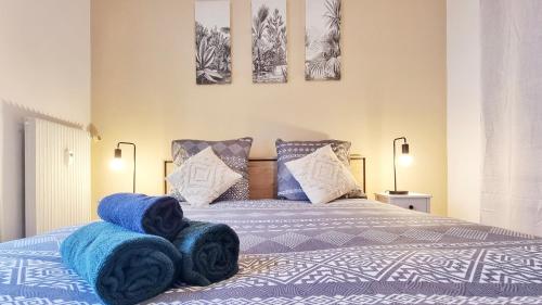 - une chambre dotée d'un lit avec des couvertures bleues dans l'établissement Le Petit Léon - Colmar - Fibre - RBNB, à Colmar