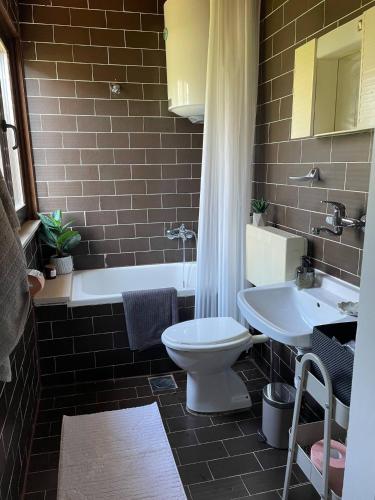 a bathroom with a white toilet and a sink at Villa L.L in Splitska