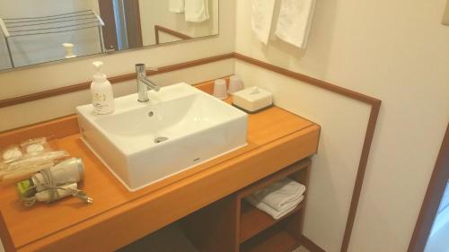 a bathroom with a white sink and a mirror at Ishigaki Seaside Hotel in Ishigaki Island